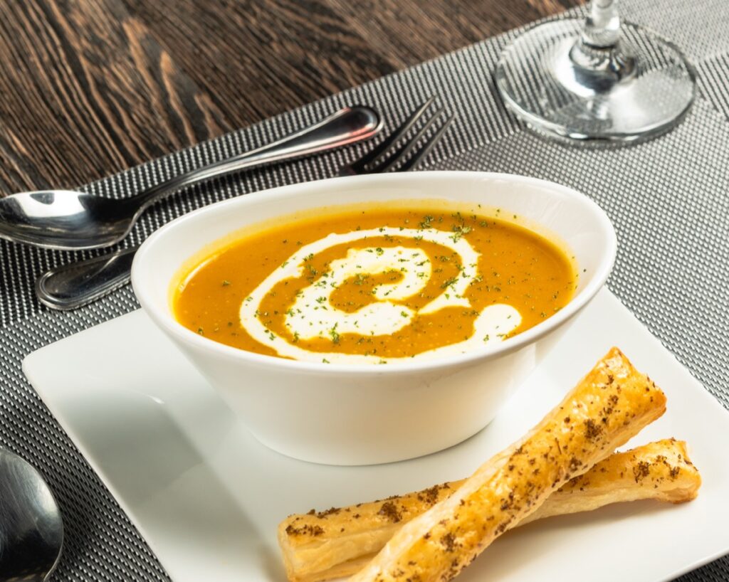 Creamy pumpkin bisque at The Ivy Steakhouse